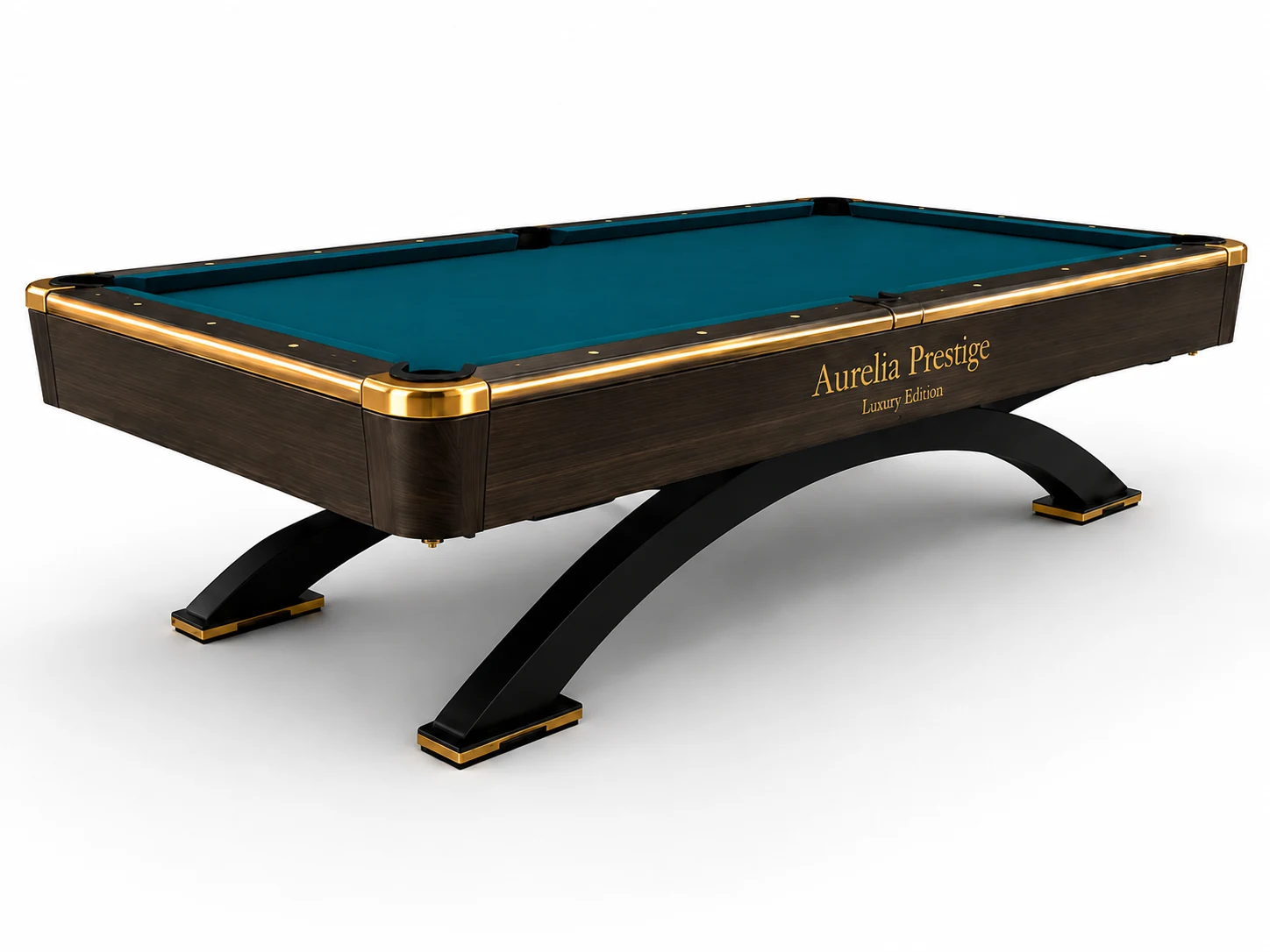 Sapelli Aurelia Prestige Luxury Edition premium lüks bilardo masası, turkuaz çuha, koyu ahşap gövde ve altın detaylar Sapelli Aurelia Prestige Luxury Edition premium lüks bilardo masası, turkuaz çuha, koyu ahşap gövde ve altın detaylar