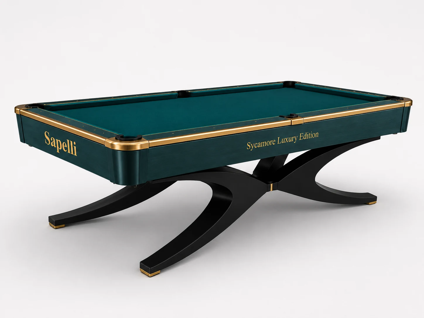 Sapelli Sycamore Luxury Edition profesyonel lüks bilardo masası, turkuaz çuha, altın detaylar ve beyaz fonlu ürün fotoğrafı Sapelli Sycamore Luxury Edition profesyonel lüks bilardo masası, turkuaz çuha, altın detaylar ve beyaz fonlu ürün fotoğrafı