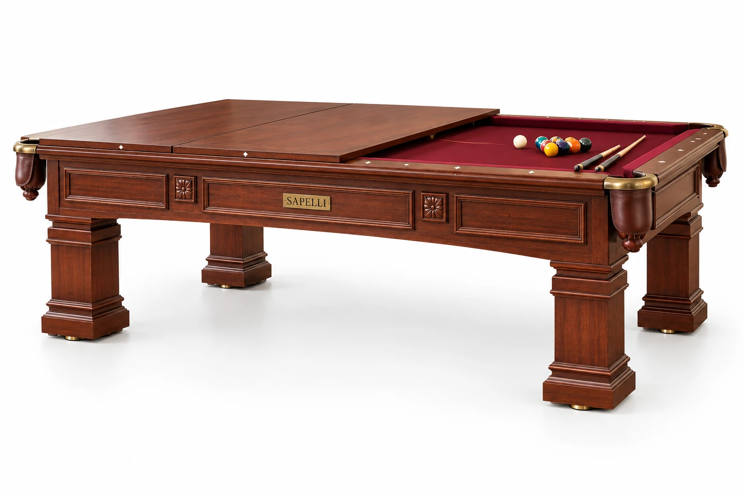 Sapelli History V10 yemek masasına dönüşebilen klasik profesyonel bilardo masası beyaz fonlu ürün görseli Sapelli History V10 yemek masasına dönüşebilen klasik profesyonel bilardo masası beyaz fonlu ürün görseli
