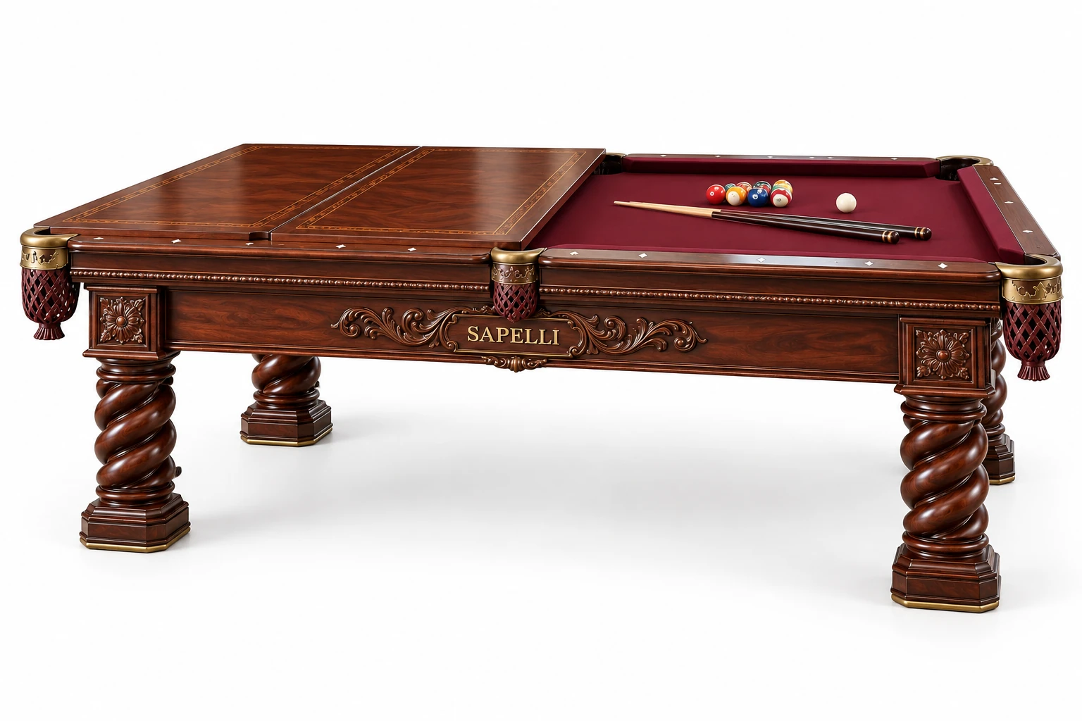 Sapelli History V7 yemek masasına dönüşebilen klasik profesyonel bilardo masası beyaz fonlu ürün görseli Sapelli History V7 yemek masasına dönüşebilen klasik profesyonel bilardo masası beyaz fonlu ürün görseli