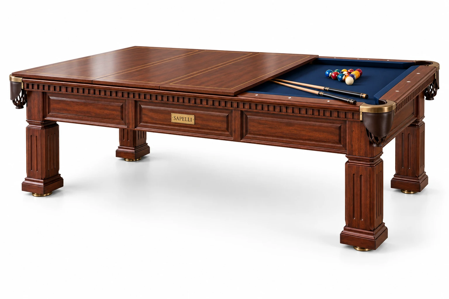 Sapelli History V9 yemek masasına dönüşebilen klasik profesyonel bilardo masası beyaz fonlu ürün görseli Sapelli History V9 yemek masasına dönüşebilen klasik profesyonel bilardo masası beyaz fonlu ürün görseli