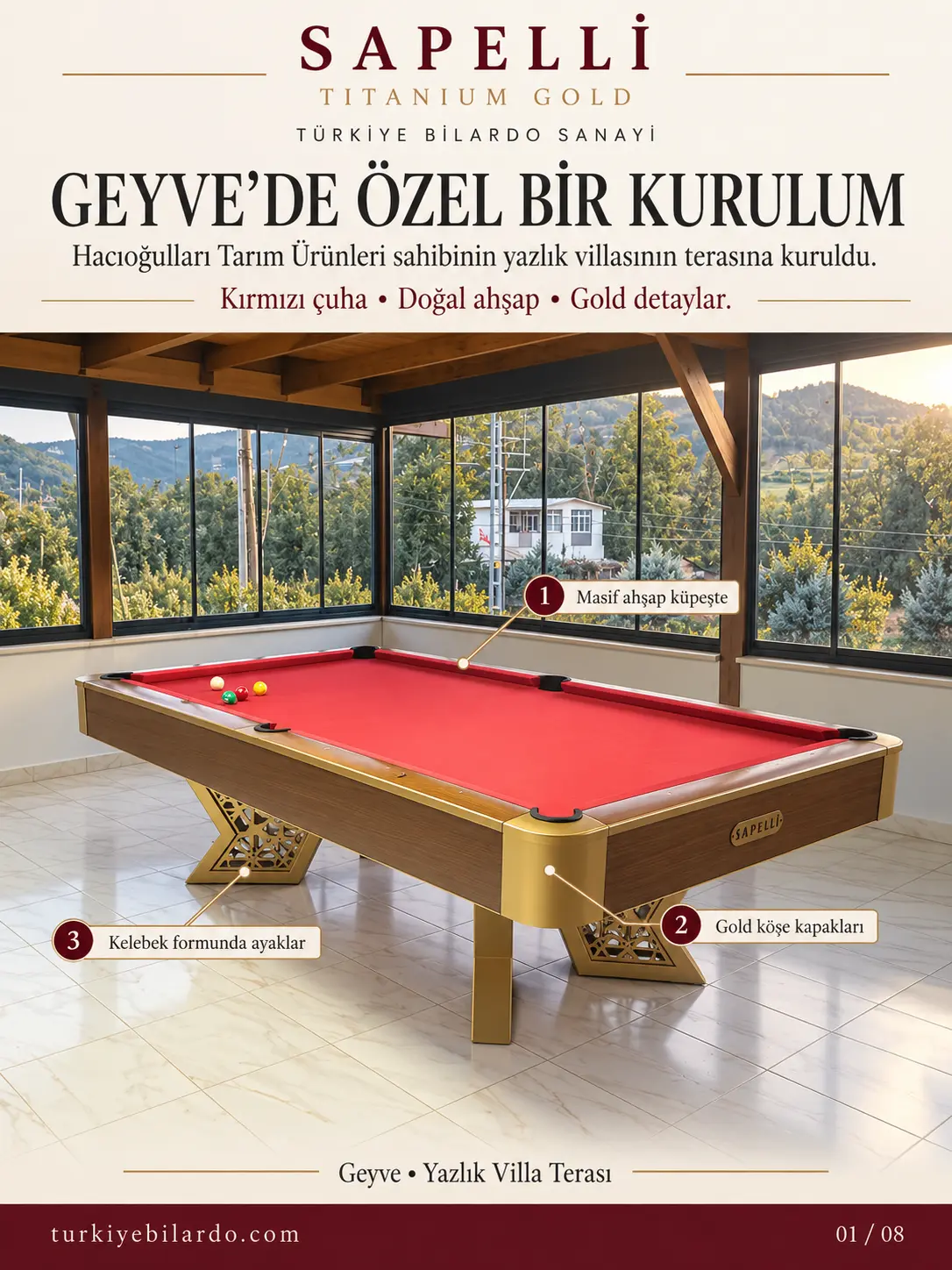 Sapelli Titanium Gold kırmızı çuhalı ağır ticari bilardo masası